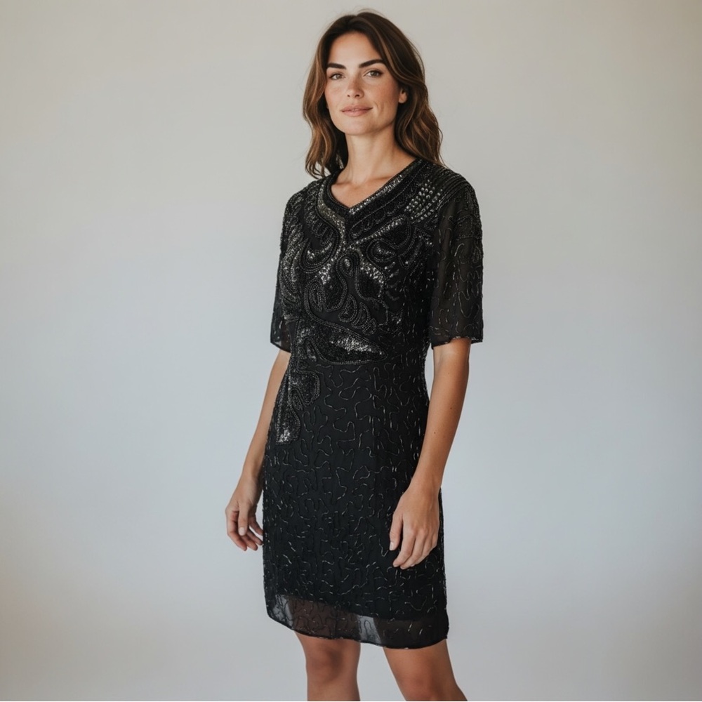 Silky Nites New York Vintage Black Silk
Beaded Dress Sz XS